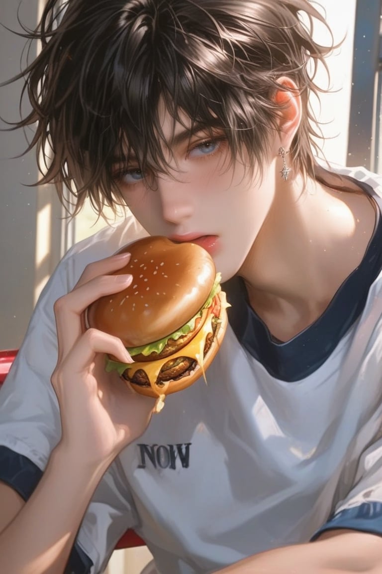 anime-style handsome boy eating a hamburger,  blue eyes,  black messy hair by Cookio on Tensor.Art