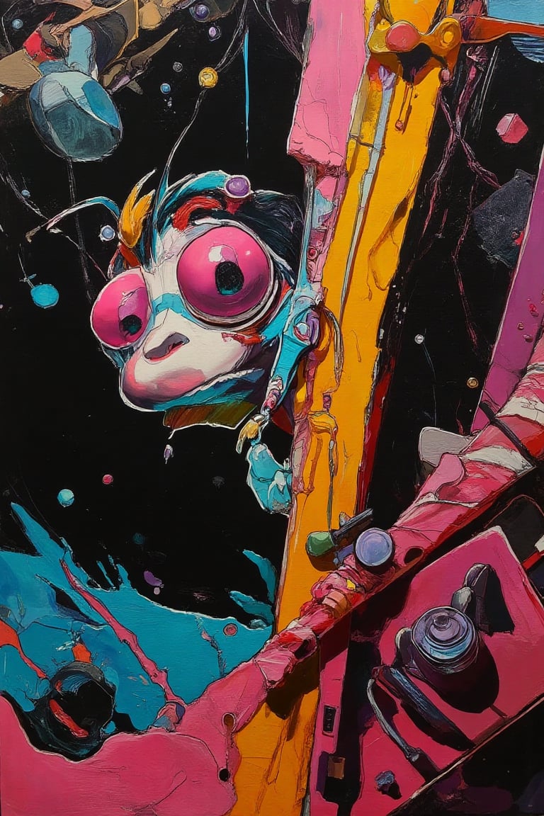 A quirky,  cartoonish character peeks in from the right side of the vertical canvas,  its head appearing to push the frame...
