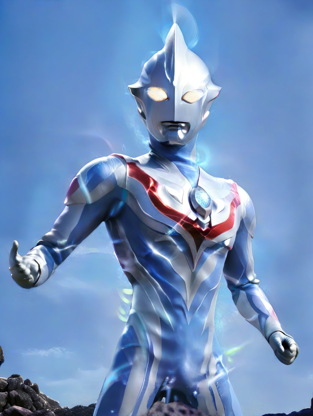 Ultraman stands majestically,  crystal cross star on his chest emitting soft luminescence. Delicate light blue lines accen...