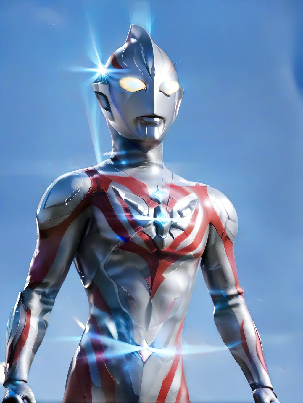 Ultraman,  (There is a crystal in the shape of a cross star on his chest),  There are light blue lines on the body by dlig...