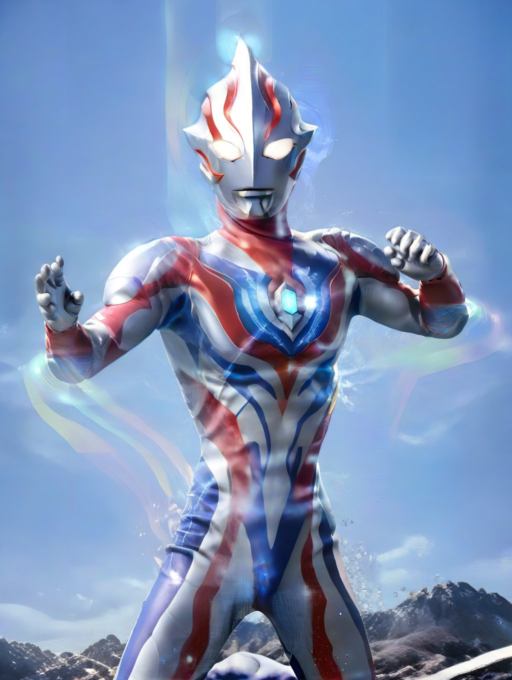 Ultraman stands majestically,  crystal cross star on his chest emitting a soft luminescence,  surrounded by delicate light...