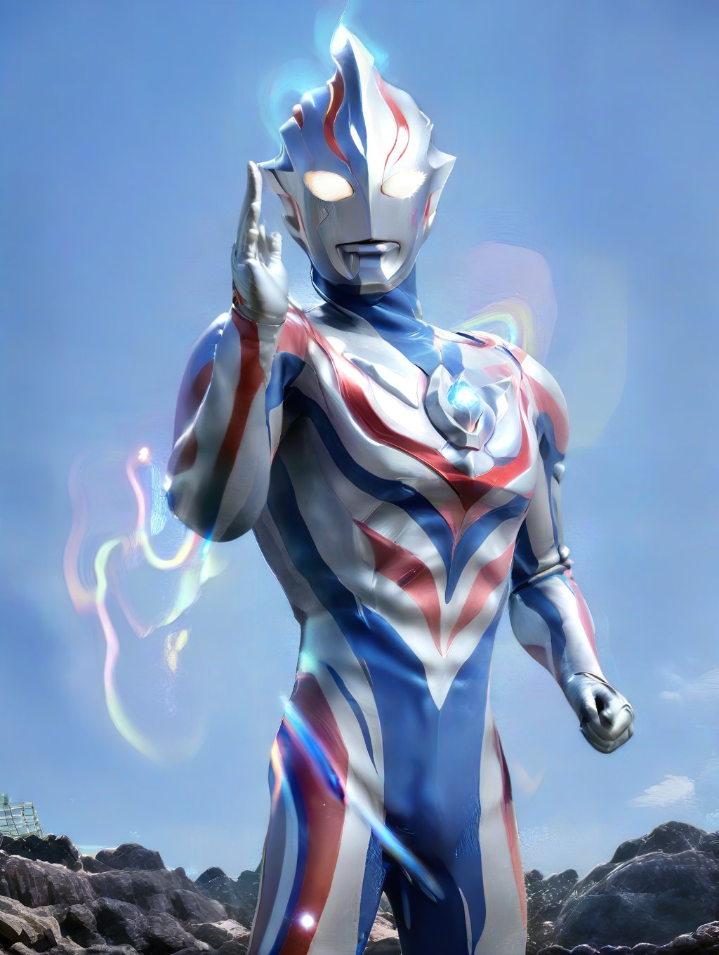 Ultraman stands majestically,  crystal cross star on his chest emitting a soft luminescence,  surrounded by delicate light...