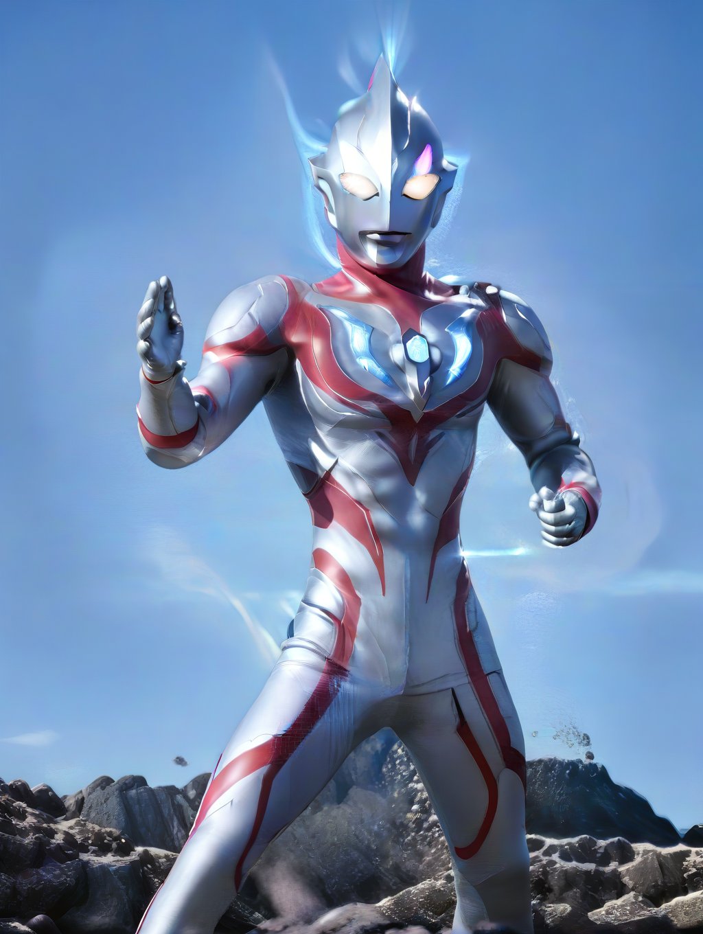 Ultraman stands majestically with the crystal cross star on his chest emitting soft luminescence. Delicate light blue line...