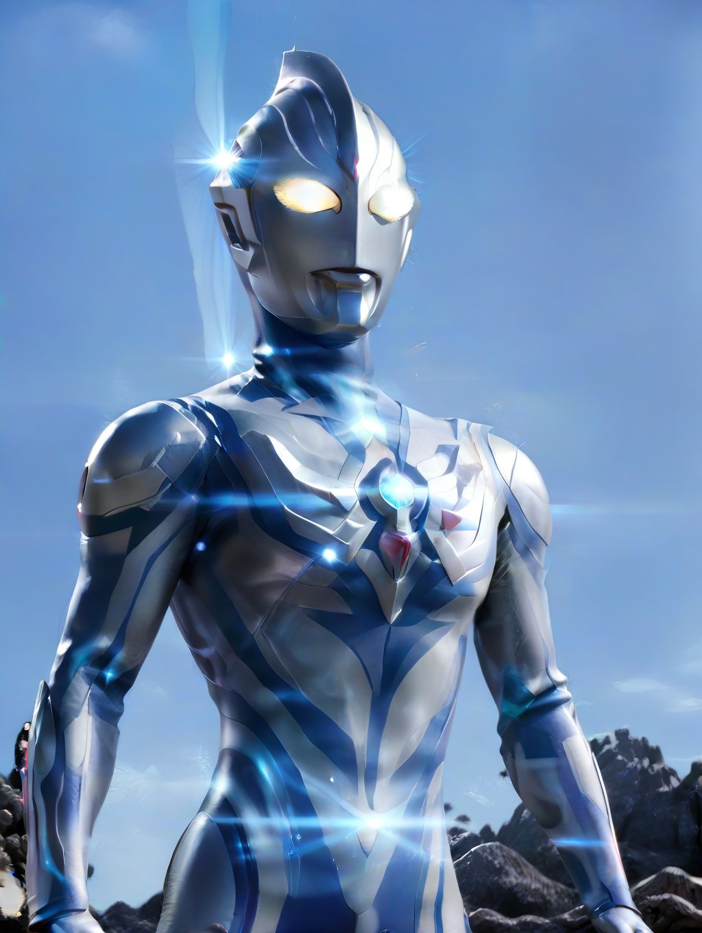 Ultraman,  (There is a crystal in the shape of a cross star on his chest),  There are light blue lines on the body by dlig...