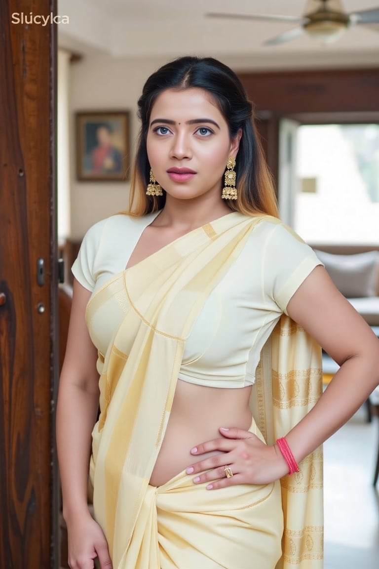 This stunning portrait showcases a black hair woman in a stylish halter neck,  Mallu saree dress posing gracefully in a su...