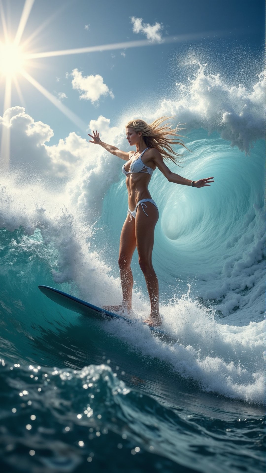 A stunning supermodel,  her flawless physique on full display,  rides the curl of a massive by user_@yow33111479740804651...