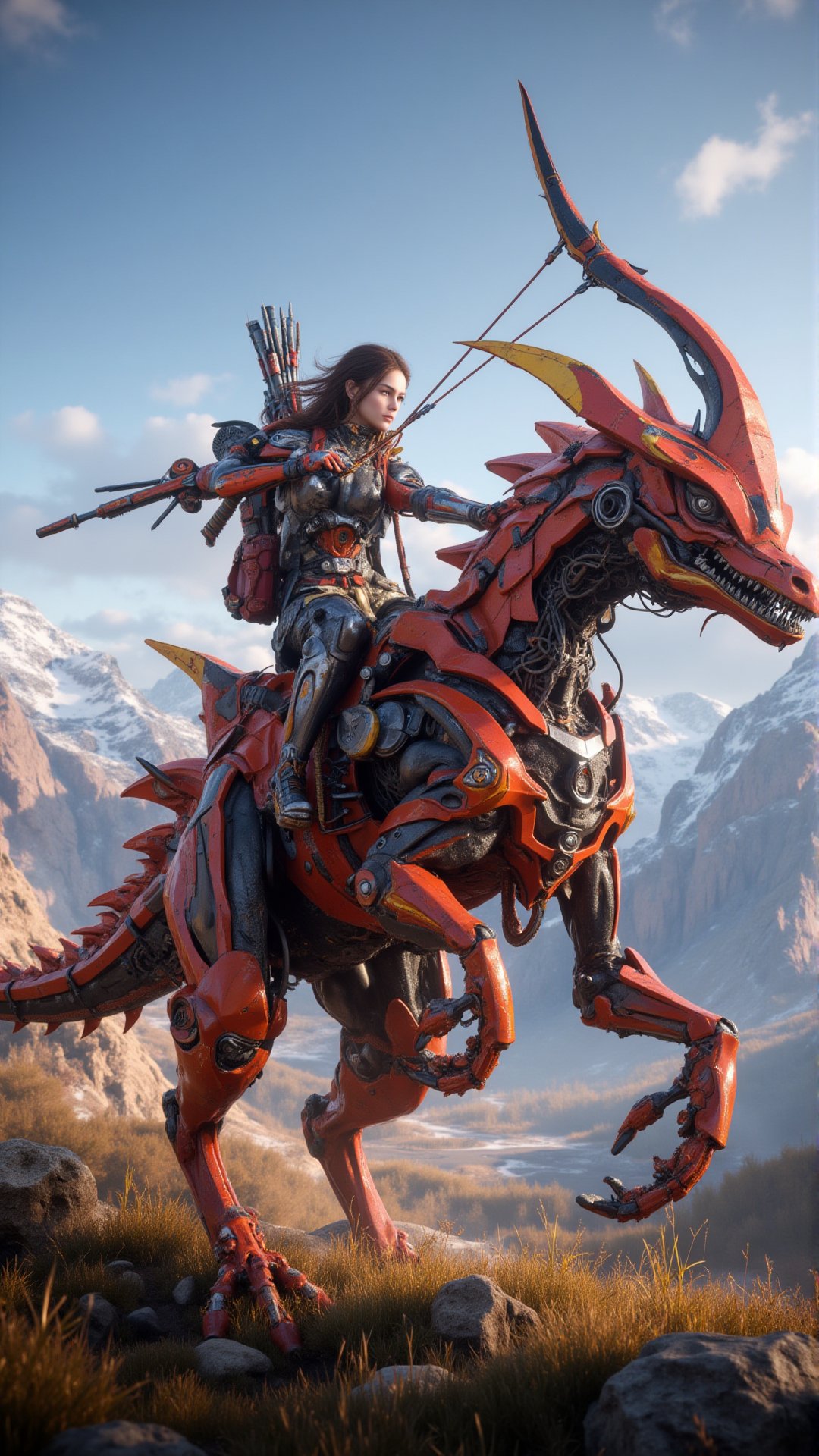 ps game Horizon Zero Dawn Aloy rides a mechanical velociraptor. The action of drawing the bow and shooting arrows are made...