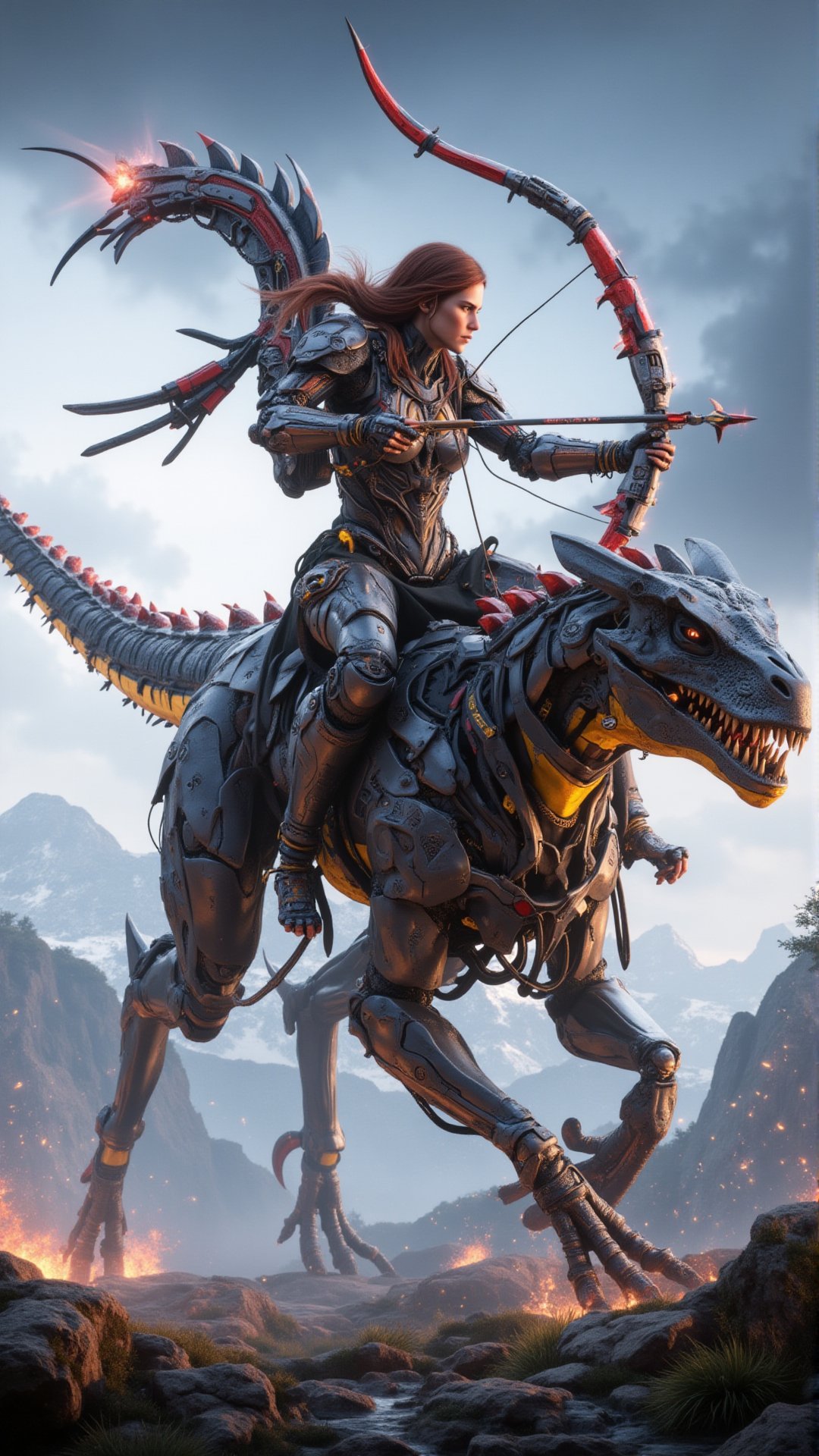 ps game Horizon Zero Dawn Aloy rides a mechanical velociraptor. The action of drawing the bow and shooting arrows are made...