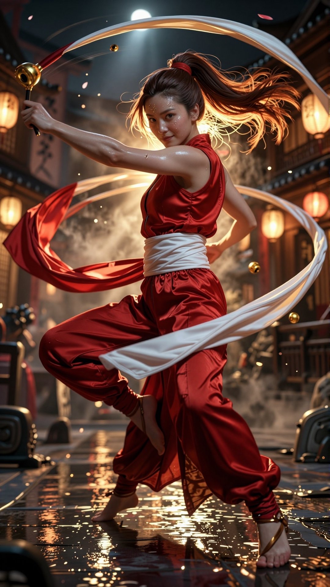 Masterpiece,  best quality,  ultra-high resolution cinematic action portrait of a legendary kunoichi fighter inspired by t...