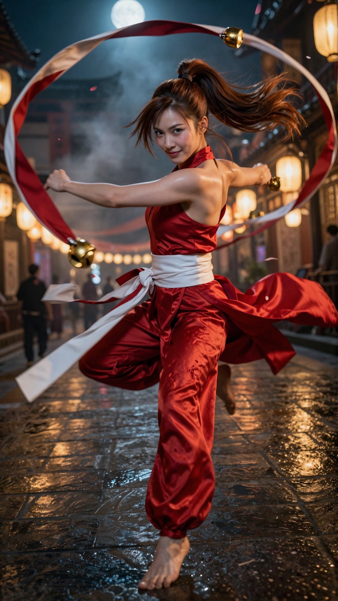 Masterpiece,  best quality,  ultra-high resolution cinematic action portrait of a legendary kunoichi fighter inspired by t...