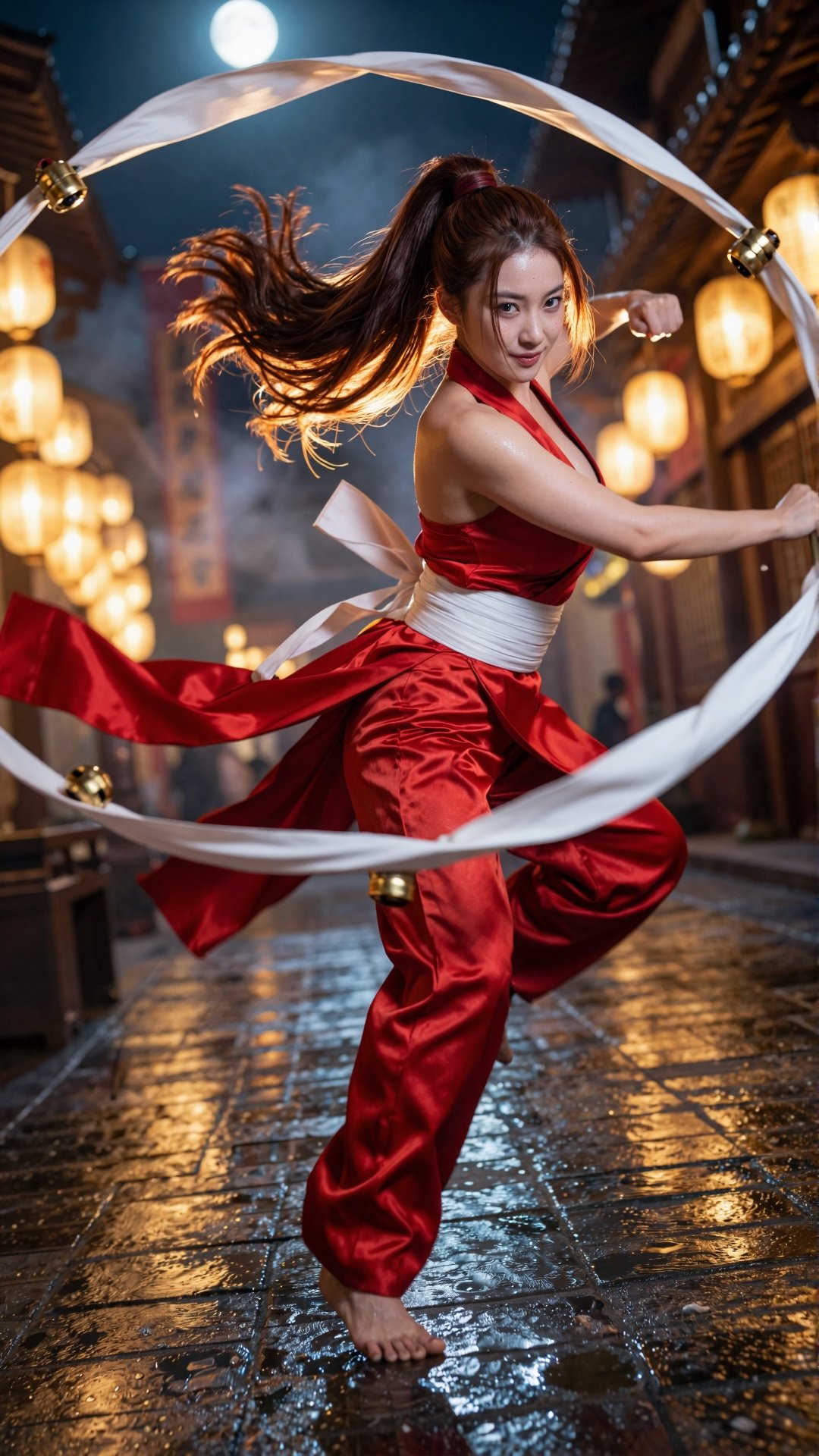 Masterpiece,  best quality,  ultra-high resolution cinematic action portrait of a legendary kunoichi fighter inspired by t...