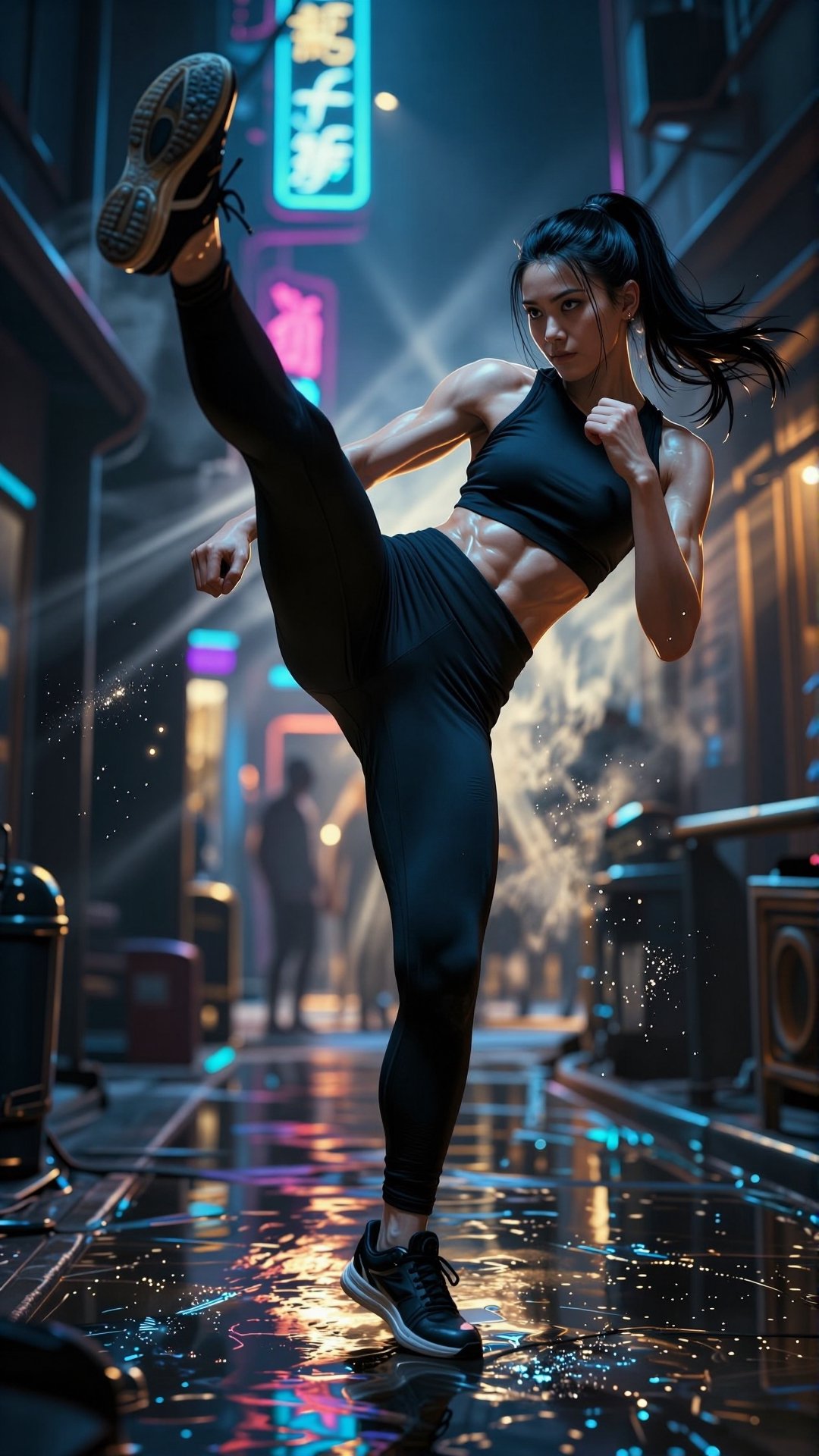 [Masterpiece fantasy digital illustration of] A cinematic female portrait photography featuring a fierce young woman in a...