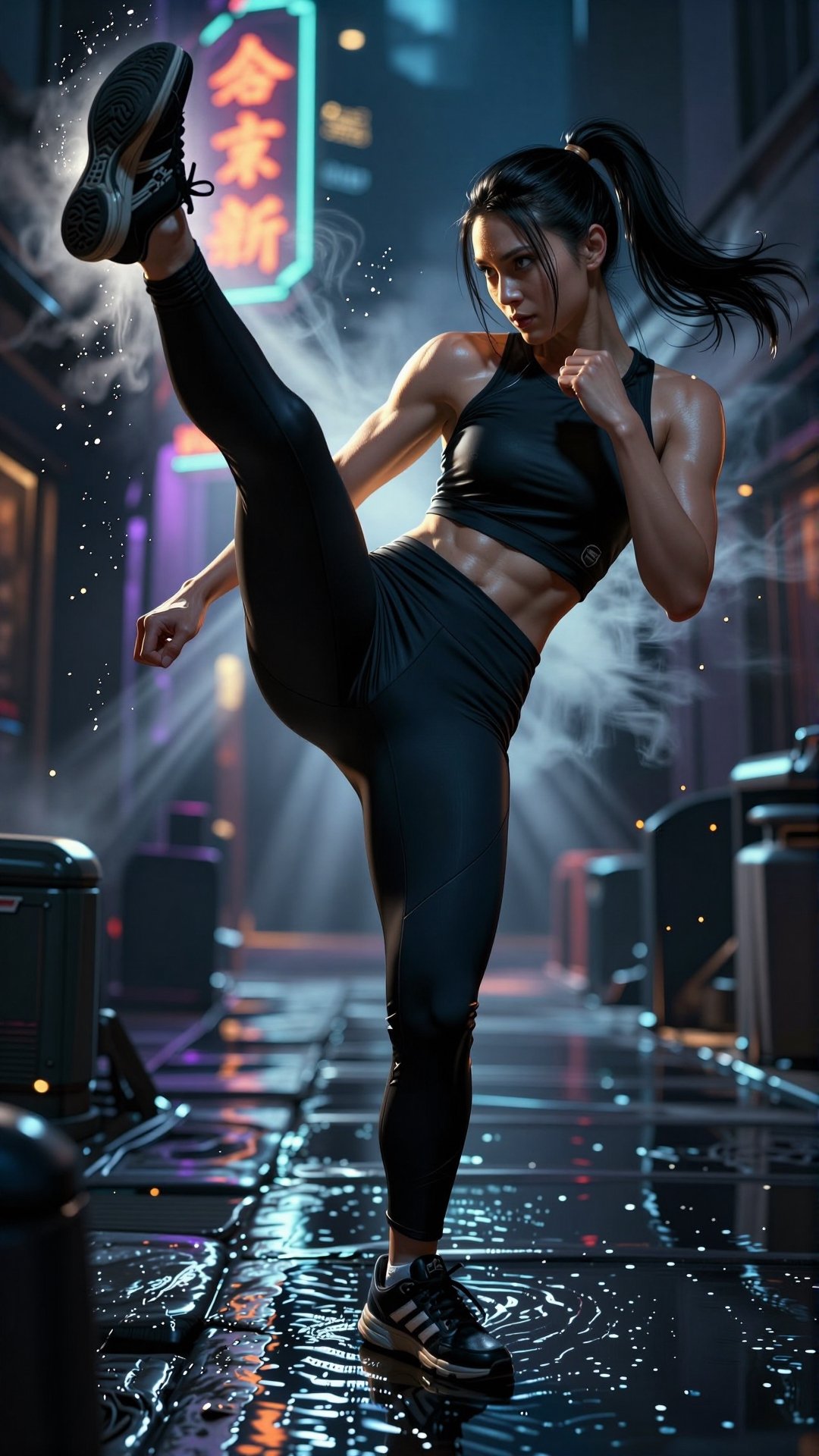 [Masterpiece fantasy digital illustration of] A cinematic female portrait photography featuring a fierce young woman in a...
