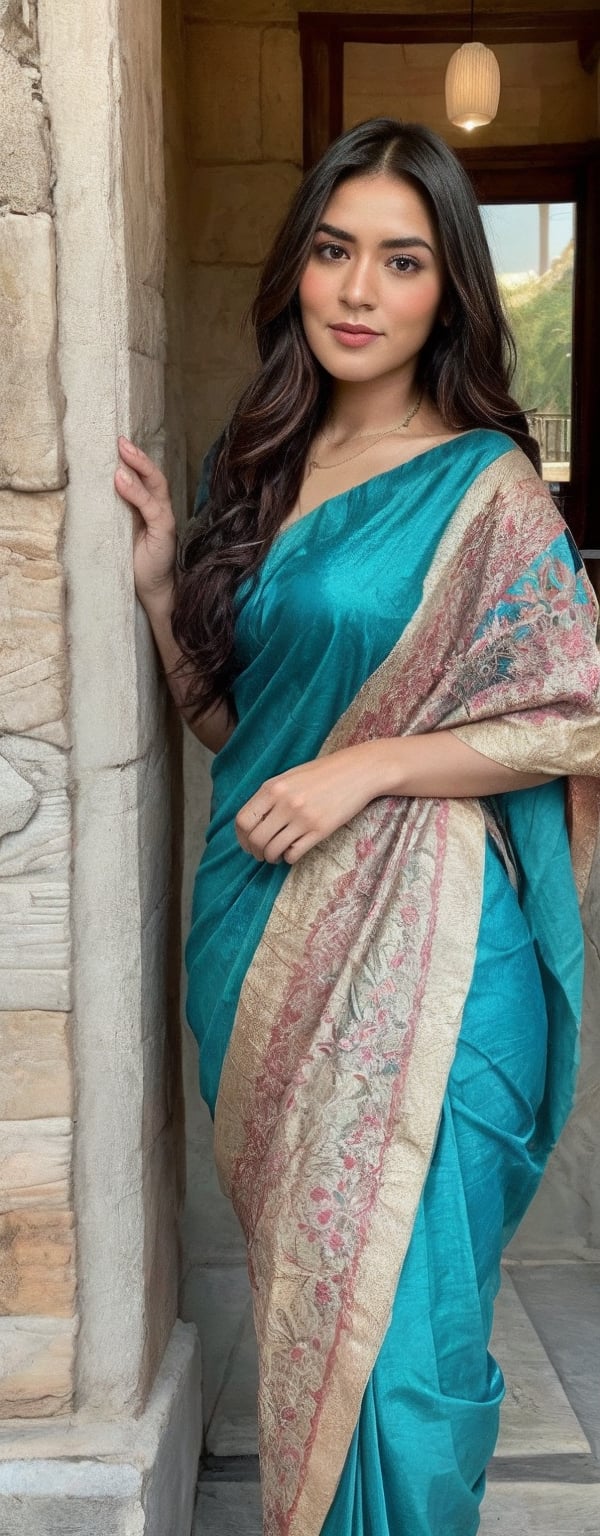 A vibrant pink saree drapes elegantly across the subject's curves,  with a light blue blouse accentuating her bust. Soft,...