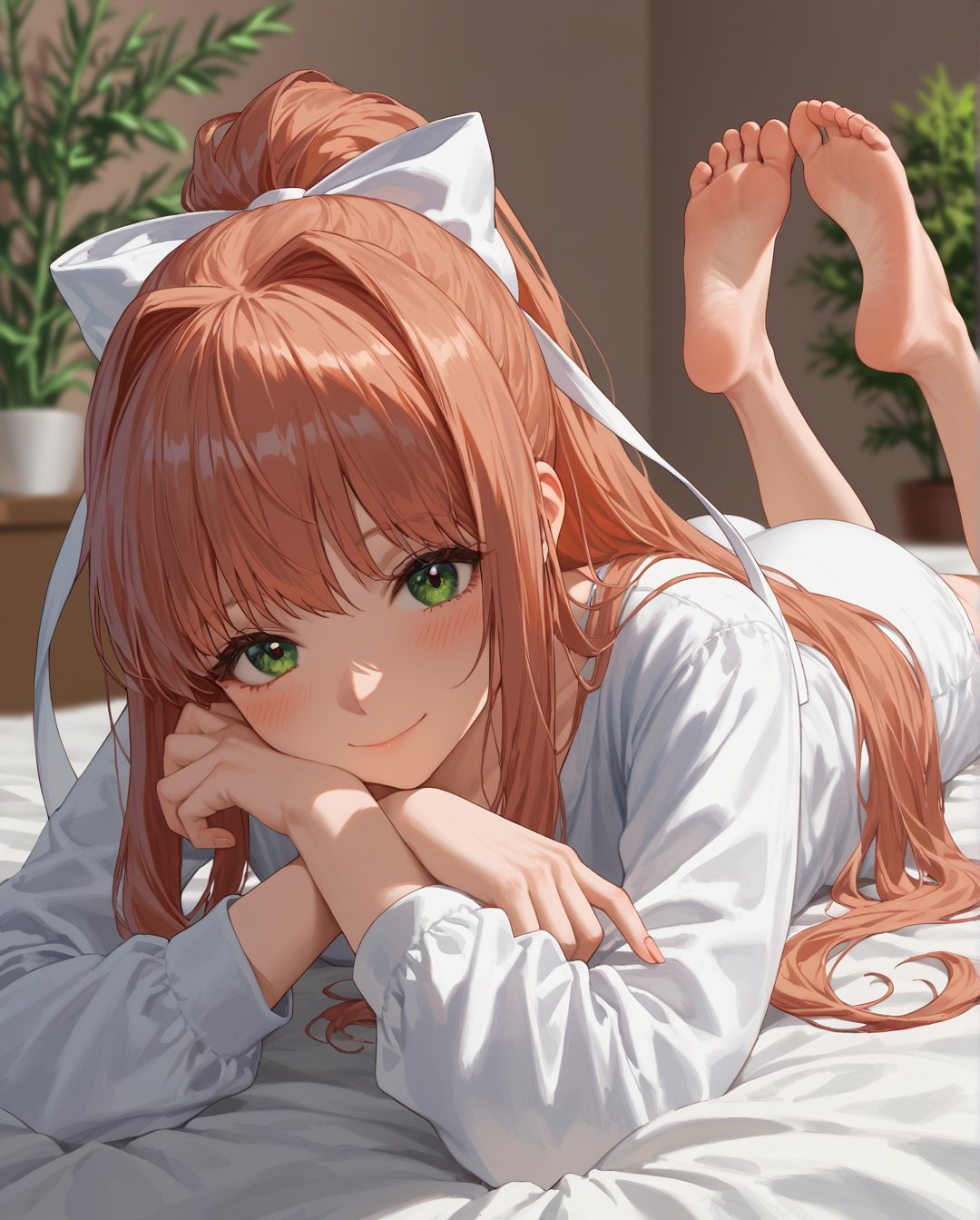 Digital rendering of an anime-style character (Monika). She sports long,  coral-colored hair (#C97E75) held back with a la...