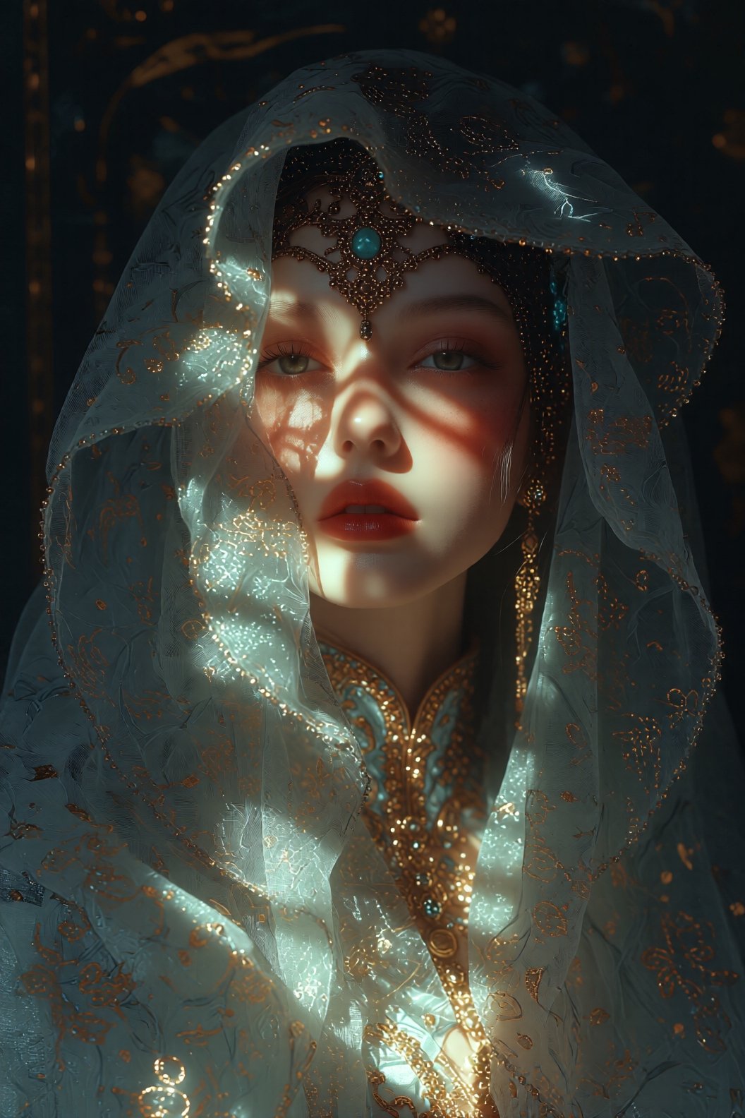Ultra-detailed,  hyperrealistic portrait of a woman wearing a translucent veil inside a dark room,  dramatic shadows falli...