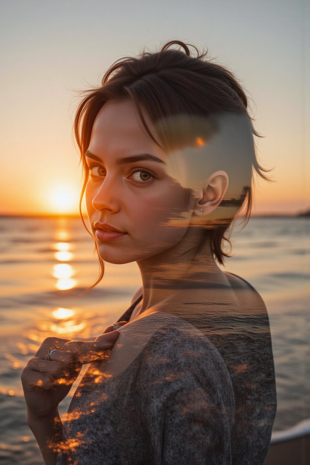 Insanely detailed professional photograph of a Silhouette of a model filled with a sunset beach summer vibe ,  Double expo...