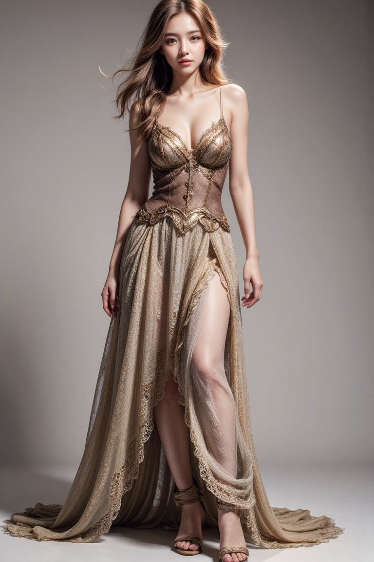 An attractive female elf with dirty blond hair and intriguing features stands at a slight angle,  her full body elegantly...