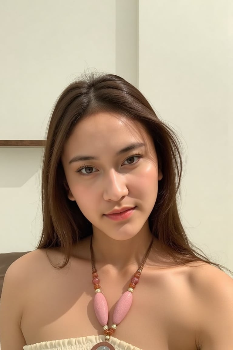The image shows a young woman wearing a strapless top with a ruffled neckline. The background includes a white wall with a...