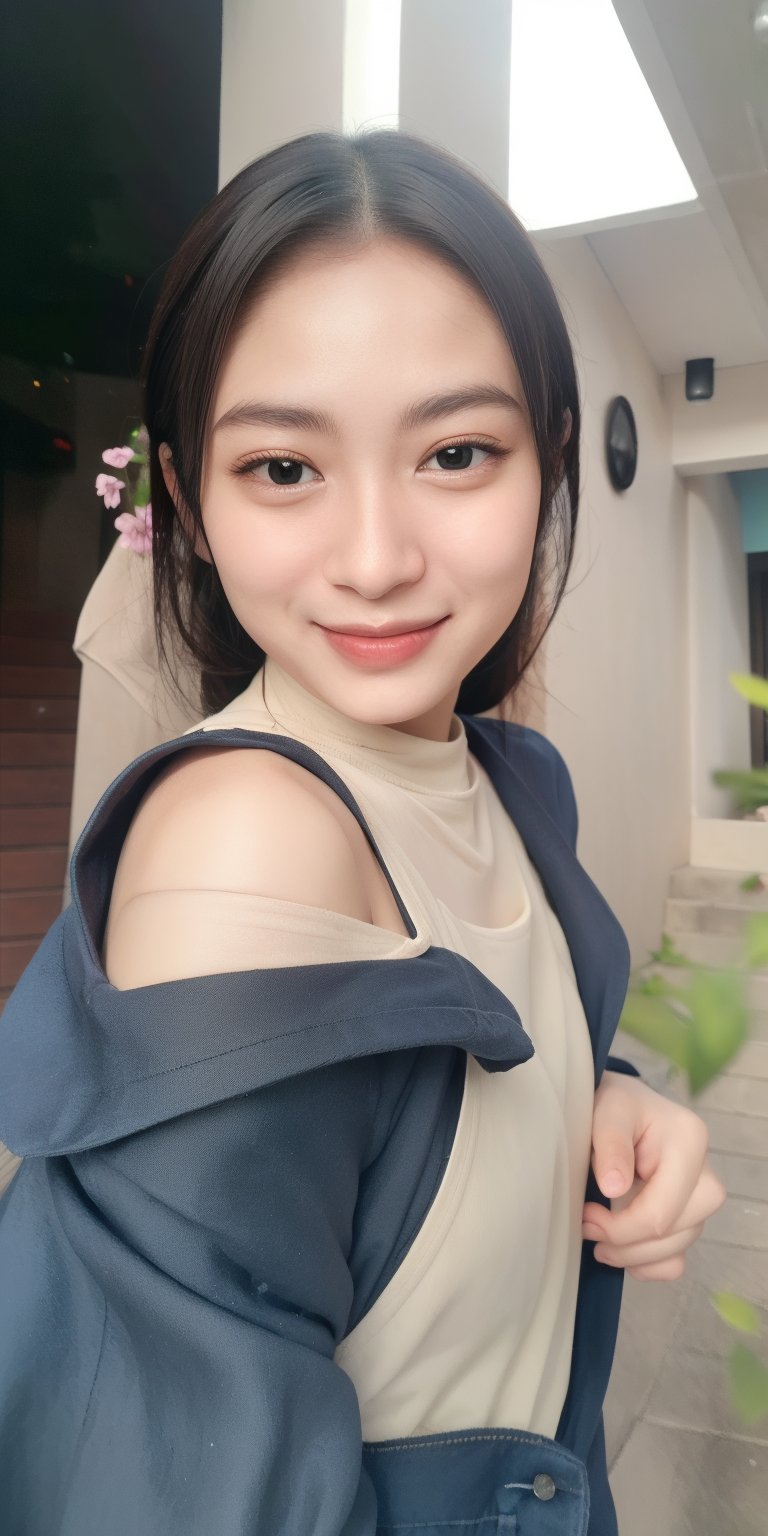 Medium close-up photograph of a young Asian woman with light skin,  taken from eye-level. She has dark brown,  wavy hair w...