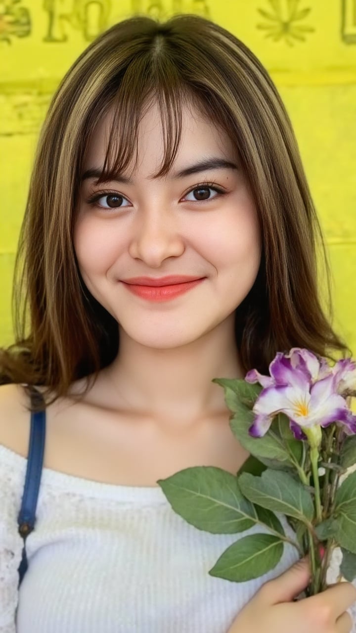 Medium close-up photograph of a young Asian woman with light skin,  taken from eye-level. She has dark brown,  wavy hair w...