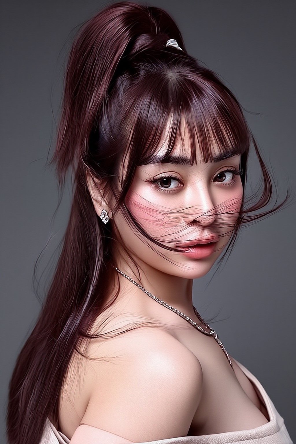 A hyper-realistic portrait of a 25-year-old Japanese female model. She has bold,  glamorous makeup and slightly parted lip...