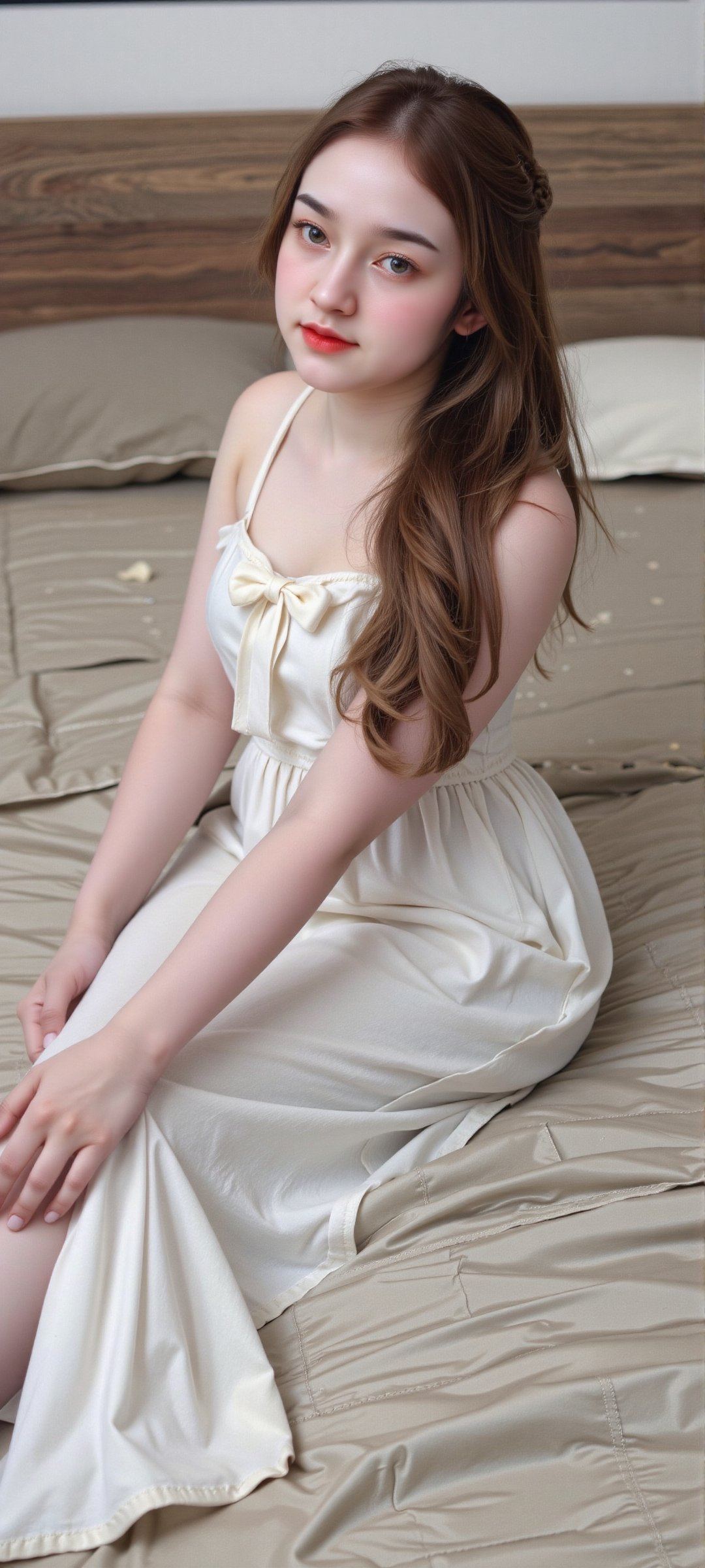 A young woman sits on a bed,  wearing a white dress with thin straps and a bow at the neckline. Her long,  straight hair i...