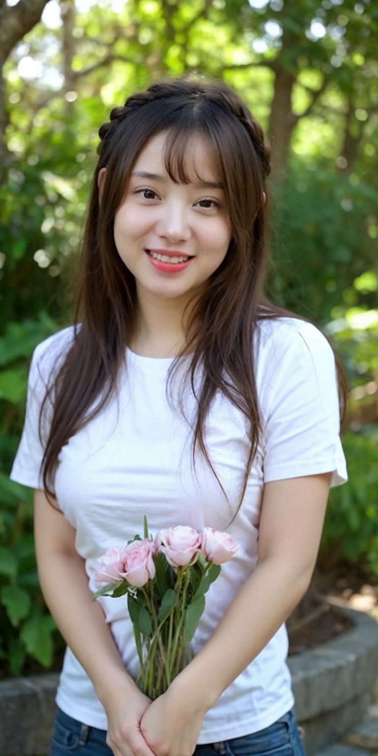 Medium close-up photograph of a young Asian woman with light skin,  taken from eye-level. She has dark brown,  wavy hair w...