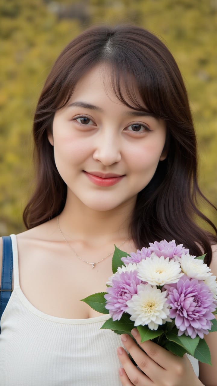 Medium close-up photograph of a young Asian woman with light skin,  taken from eye-level. She has dark brown,  wavy hair w...
