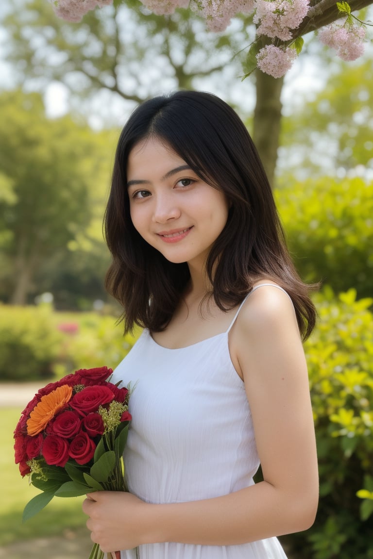 Medium close-up photograph of a young Asian woman with light skin,  taken from eye-level. She has dark brown,  wavy hair w...