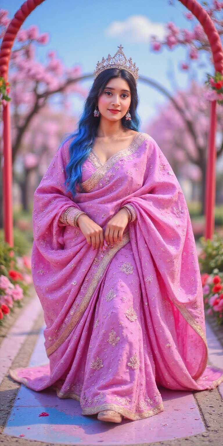 Regal woman dressed as the Queen of Candy,  standing in a magical kingdom of colorful candies. Her gown flows like molten...