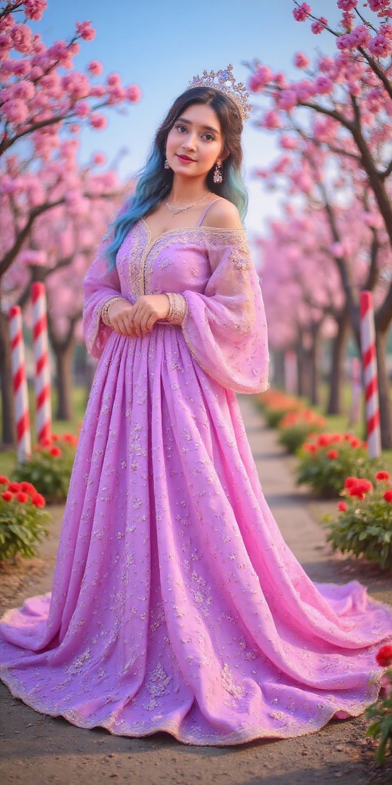 Regal woman dressed as the Queen of Candy,  standing in a magical kingdom of colorful candies. Her gown flows like molten...