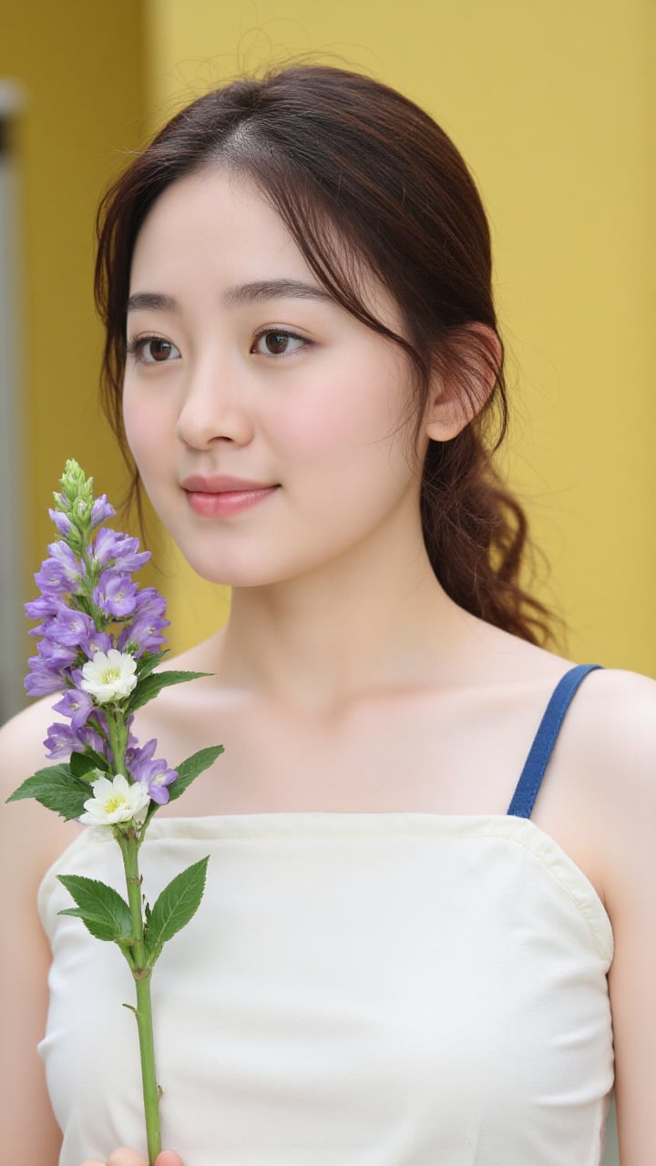 Medium close-up photograph of a young Asian woman with light skin,  taken from eye-level. She has dark brown,  wavy hair w...
