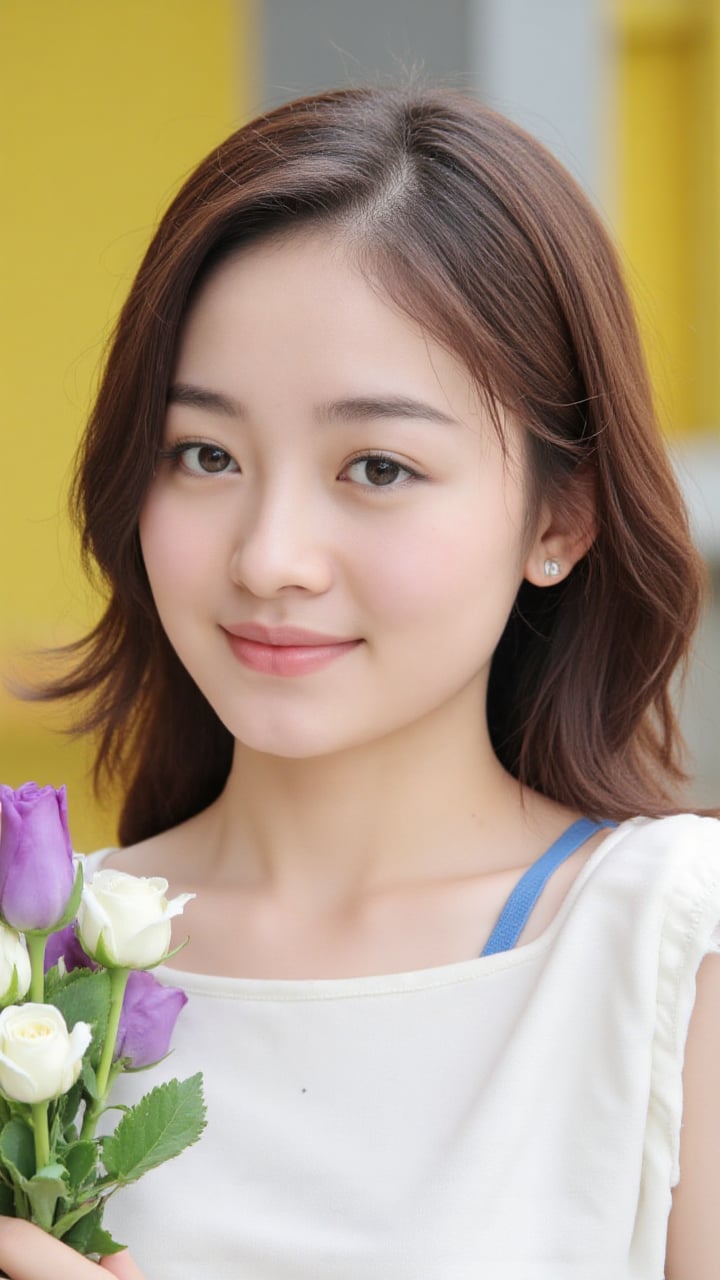 Medium close-up photograph of a young Asian woman with light skin,  taken from eye-level. She has dark brown,  wavy hair w...