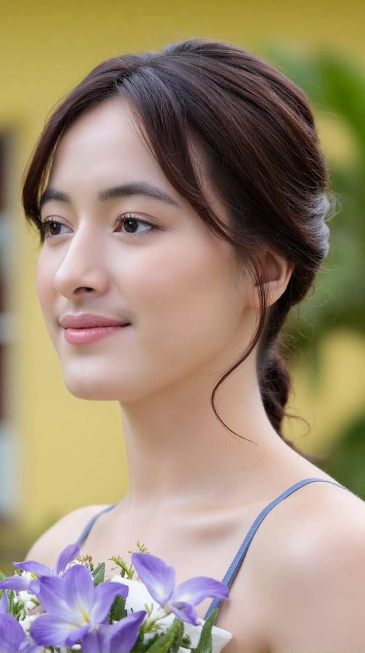 Medium close-up photograph of a young Asian woman with light skin,  taken from eye-level. She has dark brown,  wavy hair w...