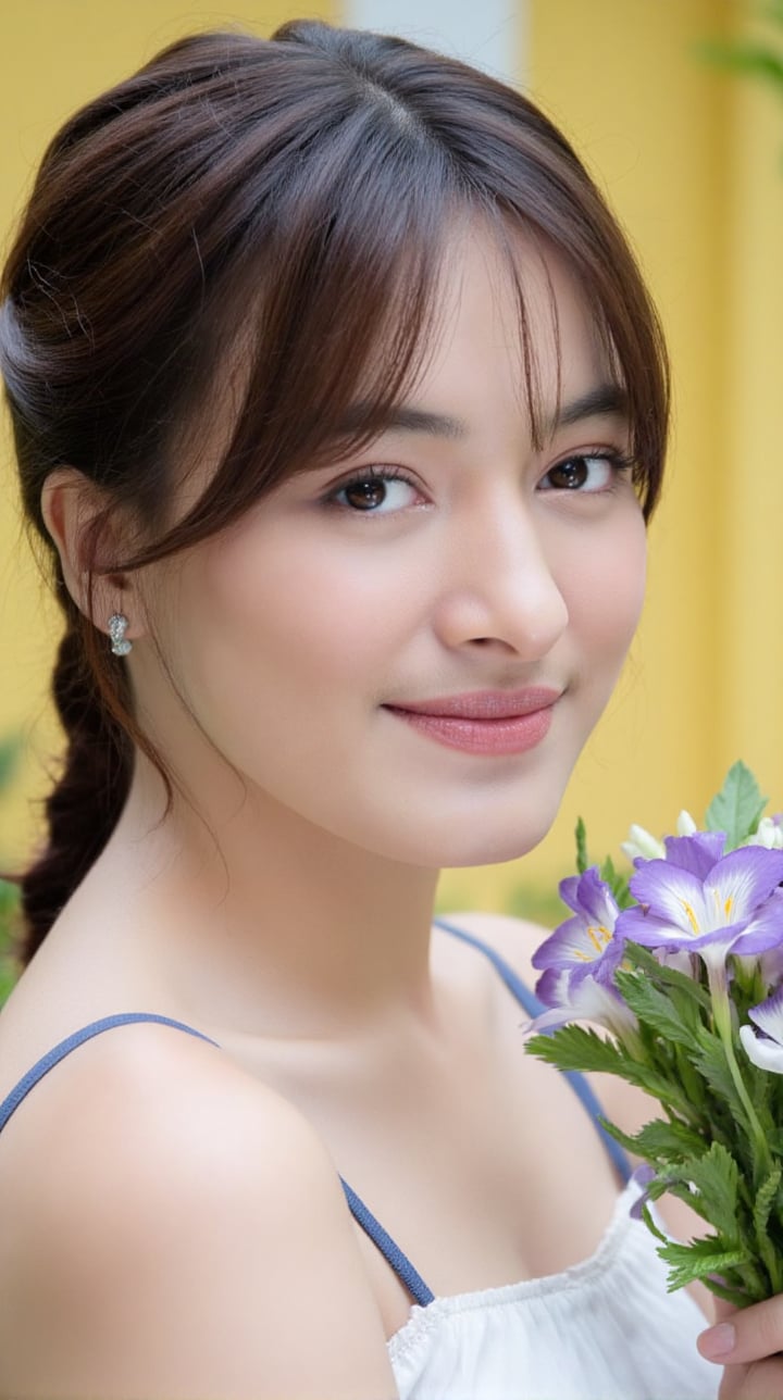 Medium close-up photograph of a young Asian woman with light skin,  taken from eye-level. She has dark brown,  wavy hair w...