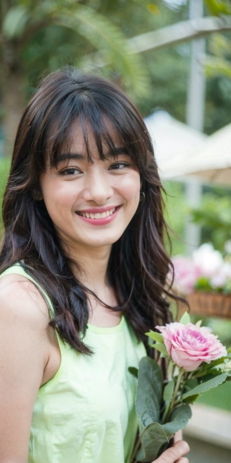 Medium close-up photograph of a young Asian woman with light skin,  taken from eye-level. She has dark brown,  wavy hair w...