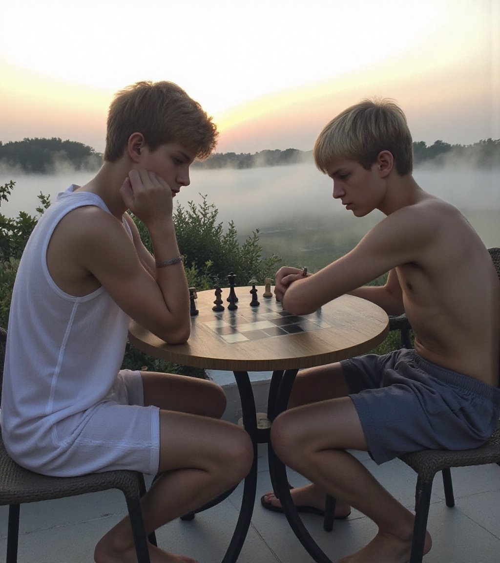 Summer photograph. The sun had barely risen,  and the ((two young differents boys—different from each other—)) were alread...