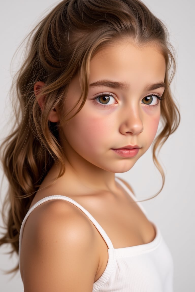 A closeup tween girl ,  white backgrond minimal studio,  tele photo lens.white sexy underware by txprmt on Tensor.Art