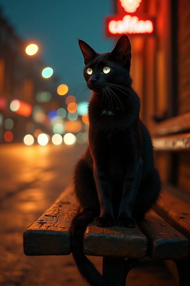 A mystical cat with sleek,  dark fur and glowing eyes sits atop a weathered wooden bench,  its pointy ears twitching at ev...