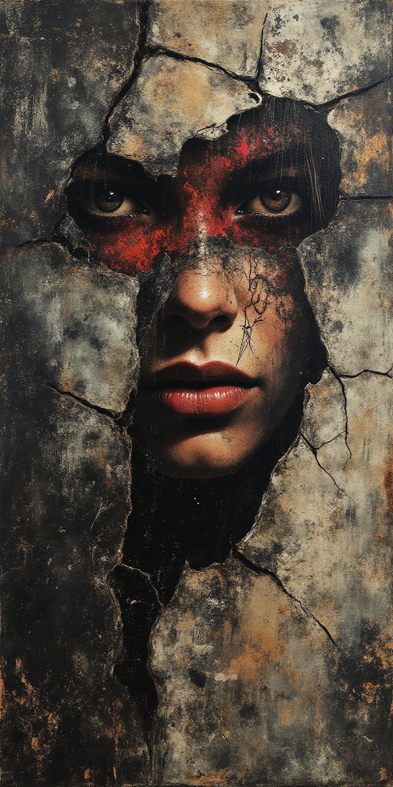 "A haunting portrait of a person's face,  partially obscured by cracks and peeling paint textures,  blending into a distre...