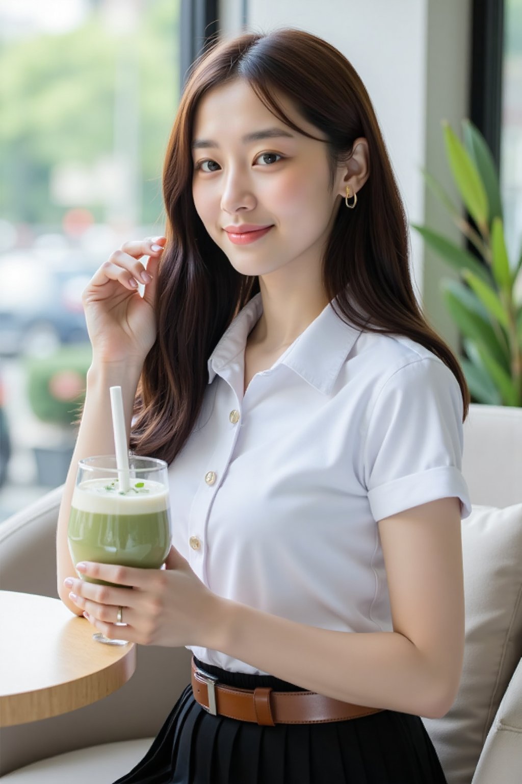 Close-up portrait photograph of a beautiful Asian woman with fair skin,  long wavy dark brown hair,  wearing a clean white...