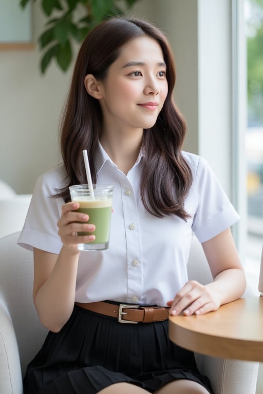 Close-up portrait photograph of a beautiful Asian woman with fair skin,  long wavy dark brown hair,  wearing a clean white...