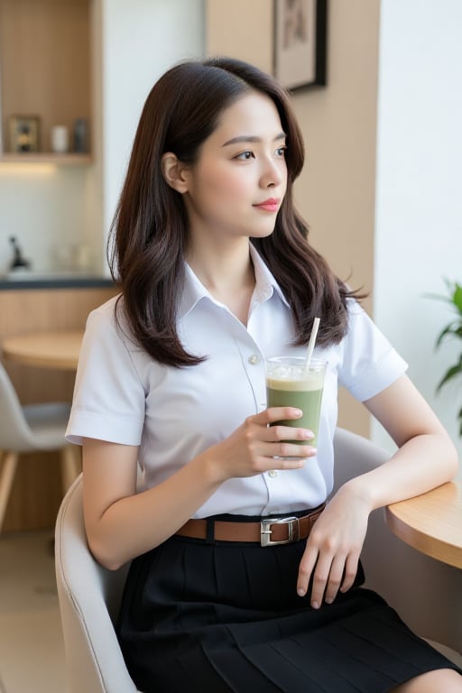 Close-up of a beautiful Asian woman with fair skin,  long dark brown curly hair,  wearing a clean white short-sleeved stud...