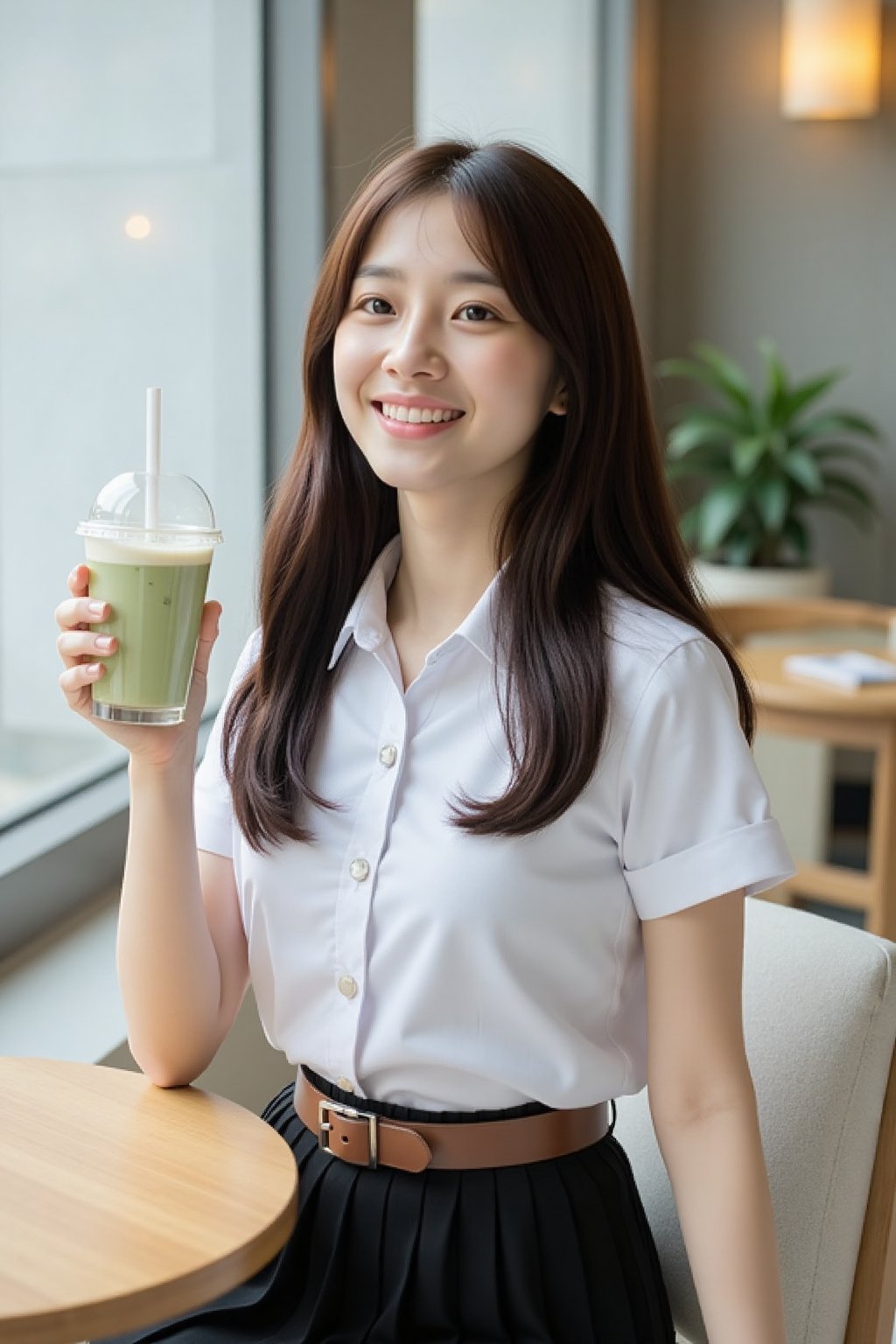 Close-up portrait photograph of a beautiful Asian woman with fair skin,  long wavy dark brown hair,  wearing a clean white...