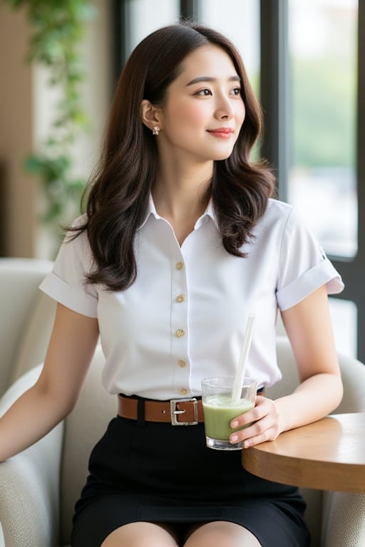 Close-up of a beautiful Asian woman with fair skin,  long dark brown curly hair,  wearing a clean white short-sleeved stud...