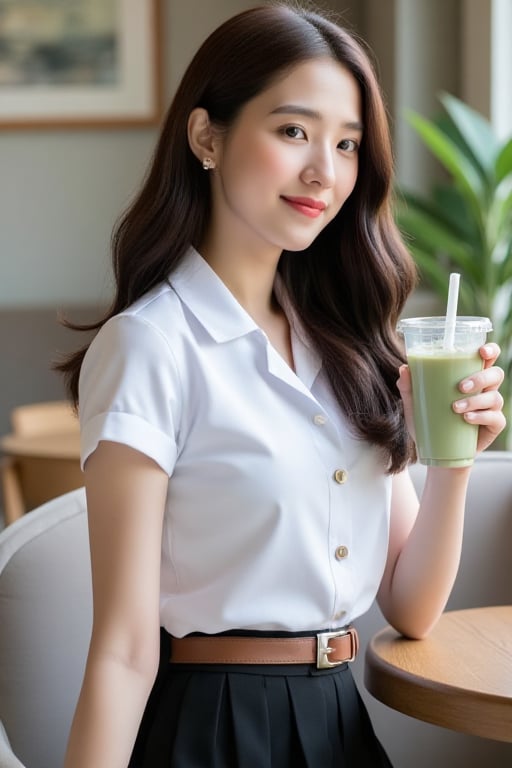 Close-up of a beautiful Asian woman with fair skin,  long dark brown curly hair,  wearing a clean white short-sleeved stud...