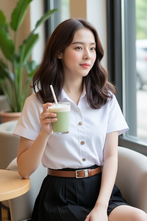 Close-up of a beautiful Asian woman with fair skin,  long dark brown curly hair,  wearing a clean white short-sleeved stud...