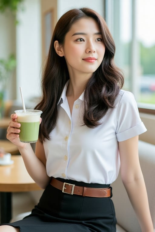 Close-up of a beautiful Asian woman with fair skin,  long dark brown curly hair,  wearing a clean white short-sleeved stud...