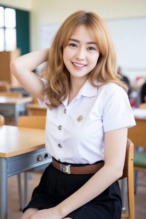 Close-up of a beautiful smile Asian woman with fair skin,  long curly light yellow hair,  wearing a clean white short-slee...